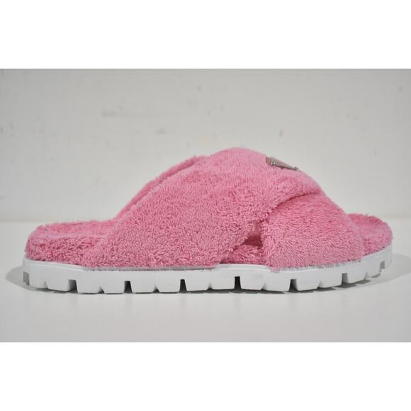 Prada Terry Pink Triangle Logo Criss Cross Strap Slide Sandal Flip Flop 40.5 - Picture 2 of 12